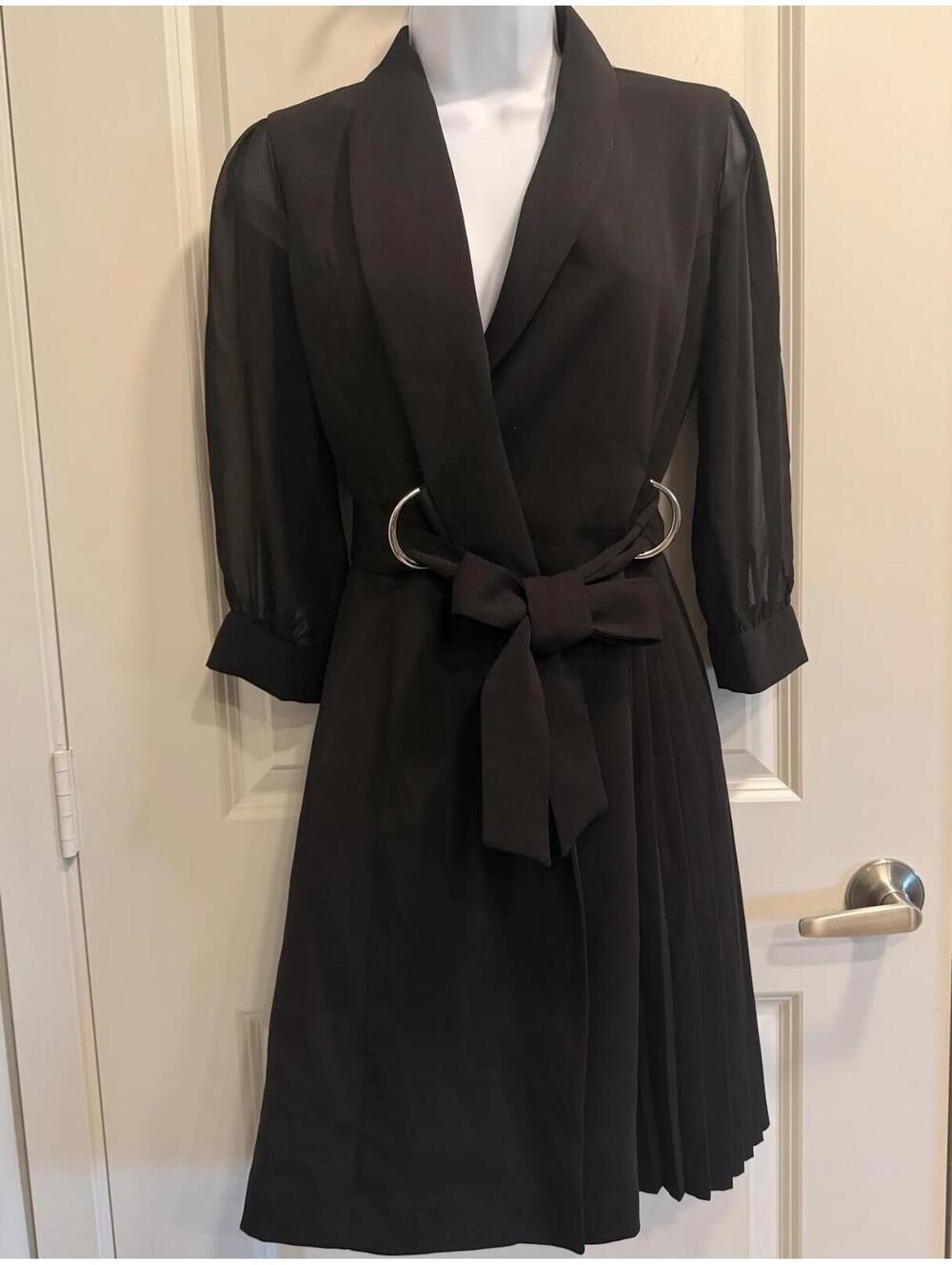 ESPIGA Black Wrap Dress with Pleated Skirt and Sheer Sleeves